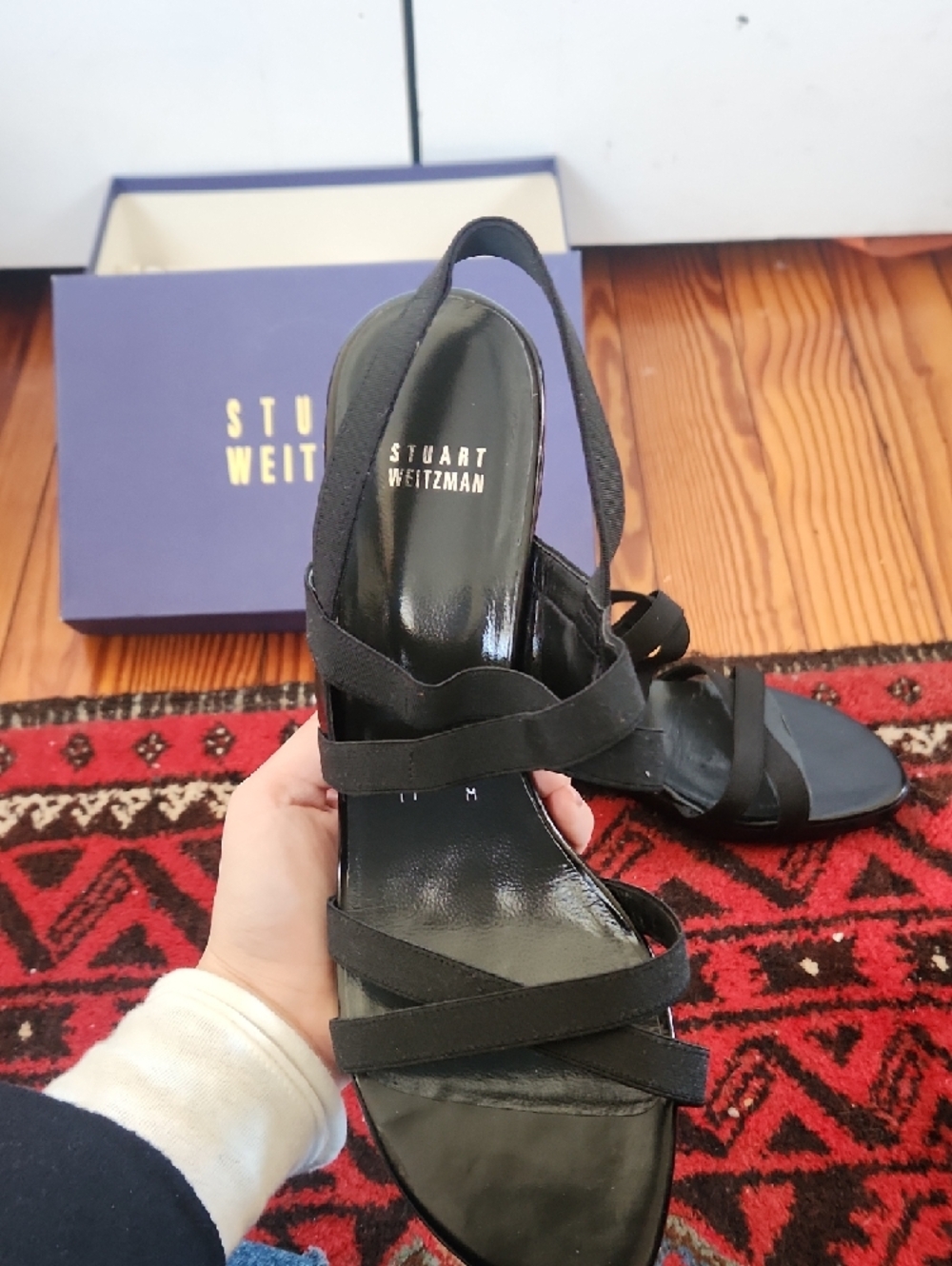 Stuart Weitzman Black Strappy Wedge Sandals with Slingback - Picture 4 of 6